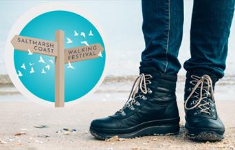 Logo of The Saltmarsh Coast Walking Festival made up of a wooden signpost with seagulls in the background. Shown alongside a pair of feet in walking b