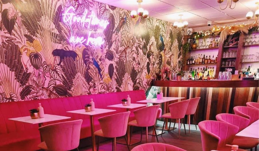 Ginny's Cocktail Lounge with pink chairs and jungle themed walls