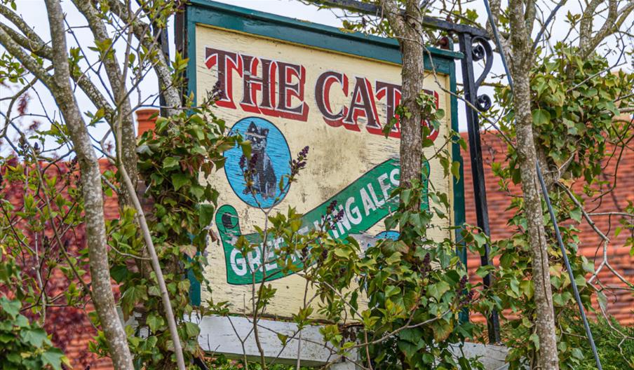 Traditional pub sign with black cat at The Cats pub, by James Crisp