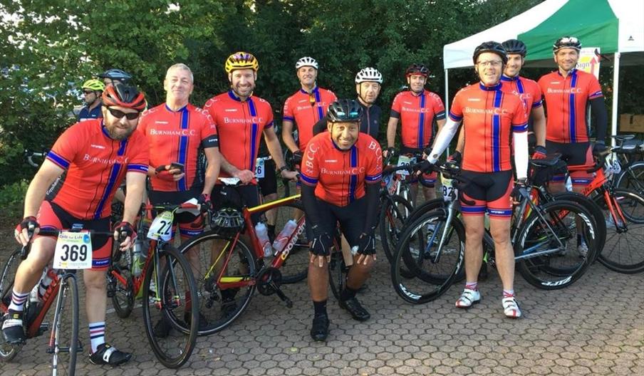 Group of cyclists in Burnham Cycling Club jerseys