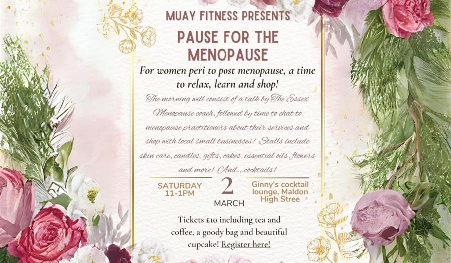 Promotional poster for Pause for the Menopause event, cream background with pink flowers