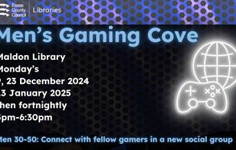 Here is an alt text description for the image:  Image Description:  The image is a poster advertising a new social group called "Men's Gaming Cove" at