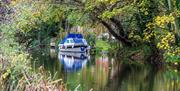 Chelmer & Blackwater Navigation with blue and white boat, near Heybridge Basin, James Crisp