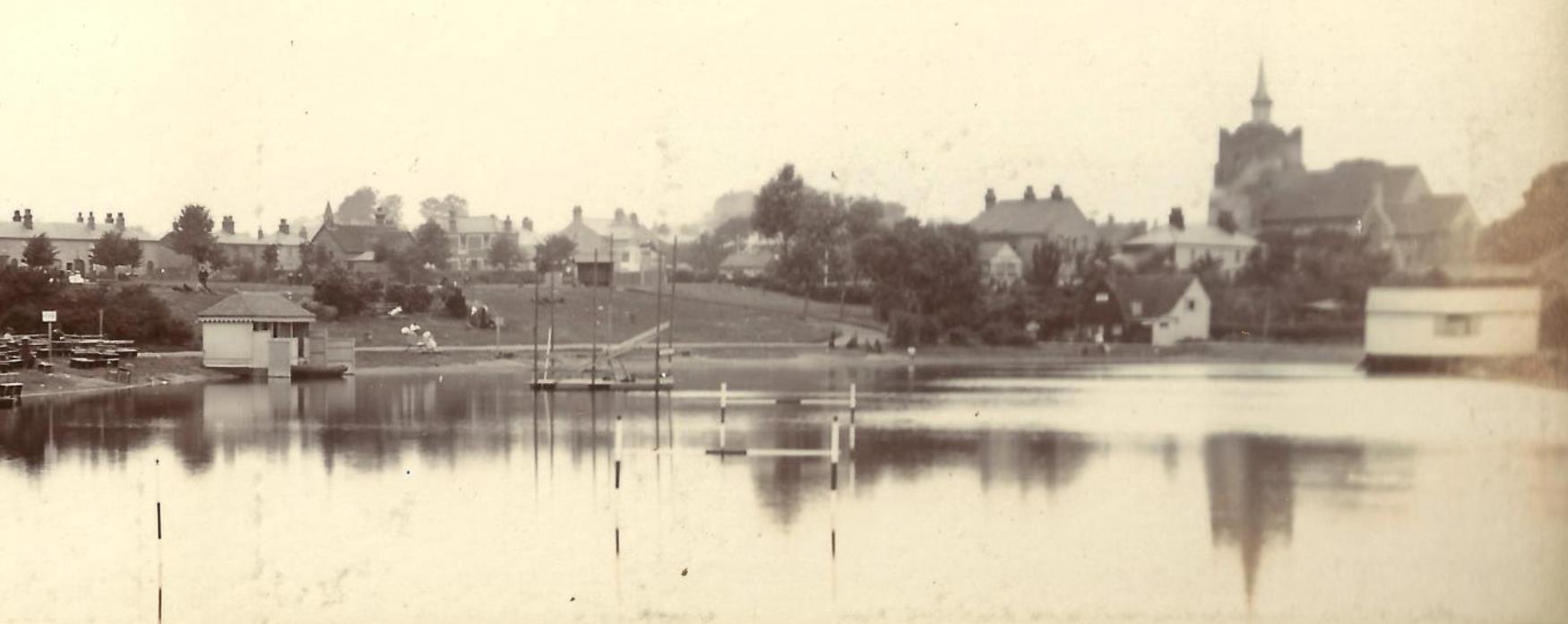 Sepia toned image of the Marine Lake in Maldon's Promenade Park dating from 1900s