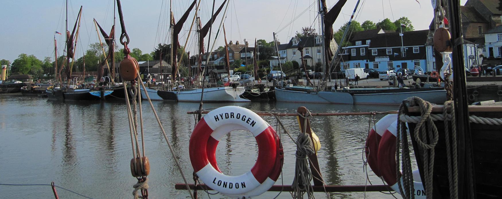 A view of Hythe Quay from the deck of Thames Sailing Barge 'Hydrogen'