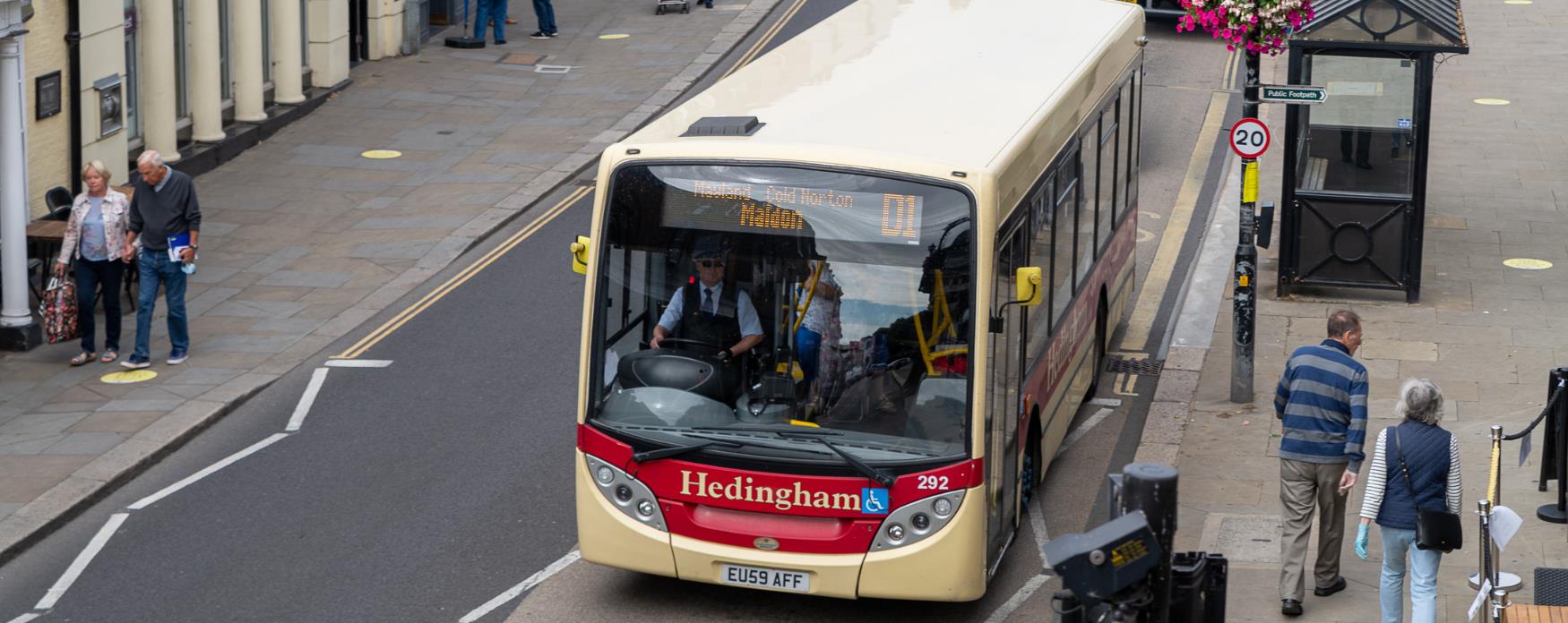 Bus picking up passengers in Maldon High Street