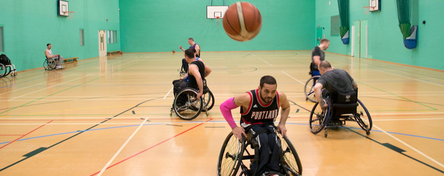 A wheelchair basketball game being played at Blackwater Leisure Centre.