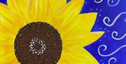 Detail from Summer Sunflower painting in bright blue and yellow