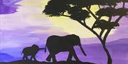 Detail of Sunset Safari painting of mother and baby elephant in silhouette with African tree in shades of purple