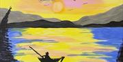 Detail of Fishery lake painting, sunset with silhouetted fishing boat on lake in blues and yellows