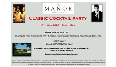 Classic Cocktail Party poster with images of cocktails and Creeksea Place House