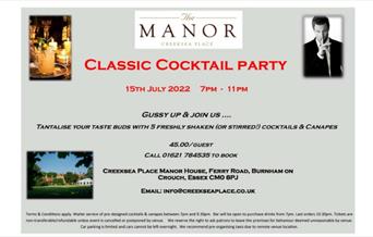 Classic Cocktail Party poster with images of cocktails and Creeksea Place House