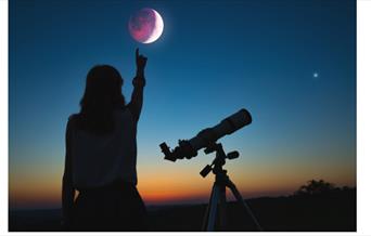 Lady pointing at the moon in the night sky next to a telescope