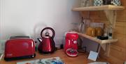 kettle, toaster coffee machine, glasses, mugs, tea, coffee
