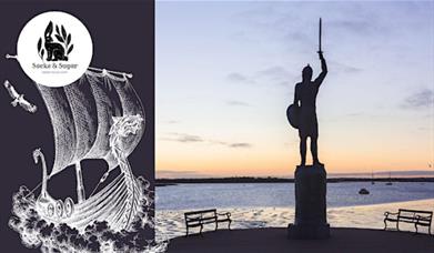 Picture of statue of Byrhtnoth alongside black and white drawing of Viking ship