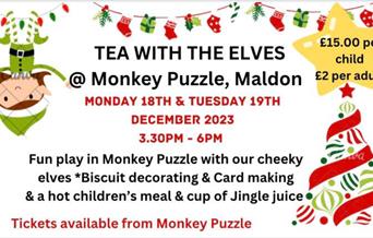 Poster for Tea with the Elves with playful elf hanging upside down from Christmas lights