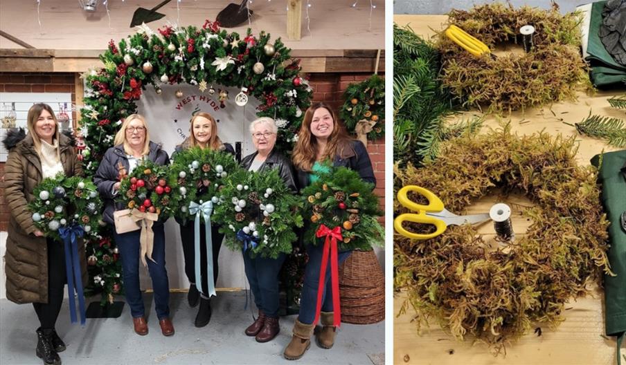Group of women with completed wreaths, next to image of making a wreath