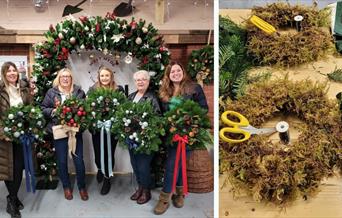 Group of women with completed wreaths, next to image of making a wreath