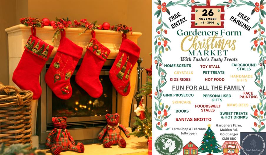 Christmas market poster with Christmas stockings hanging by fireplace