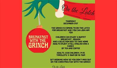 Breakfast with the Grinch poster, showing Grinch arm holding red bauble