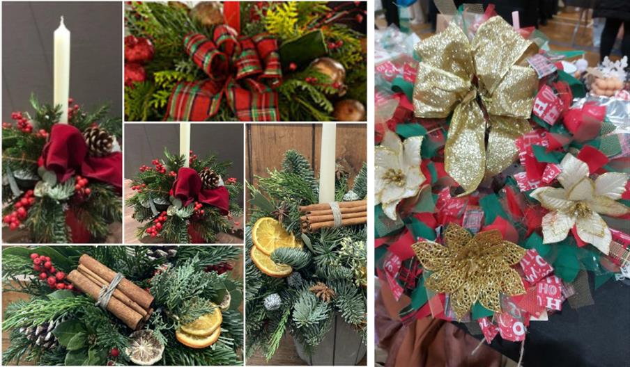 Table decorations and rag wreath for Christmas