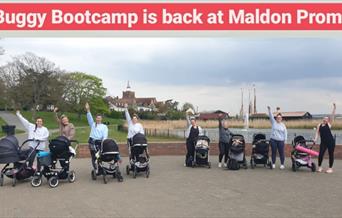 Mums with babies in prams getting ready to exercise in front of Maldon Promenade Park Lake