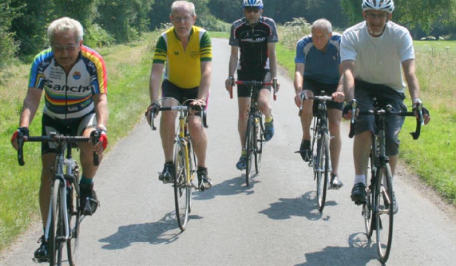 Group of five older men on road bikes