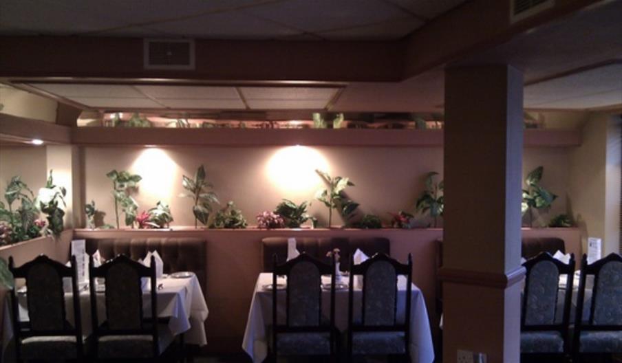 Interior of Heybridge Tandoori Indian restaurant with mood lighting and plants