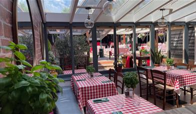Cheerful conservatory with red gingham tablecloths and basil plants, home to Luigi's Al Fresco Italian restaurant