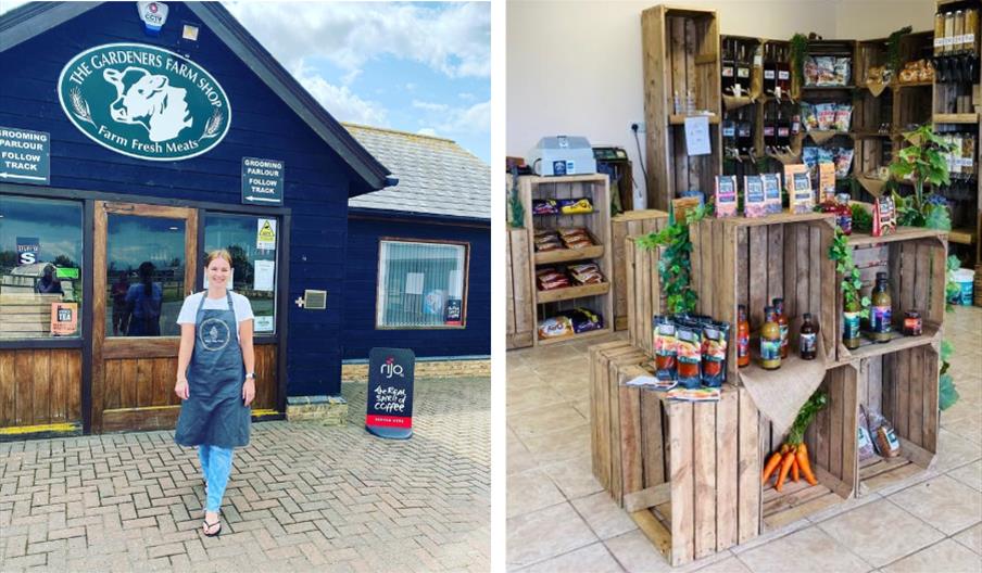 Outside of Gardeners Farm shop and inside with produce stacked in rustic crates