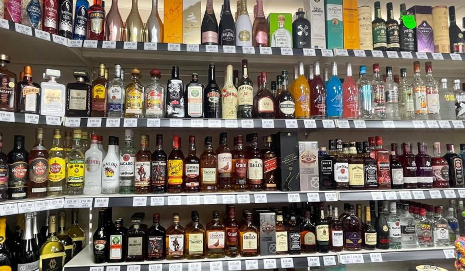 Shelves with alcohol and spirits from around the world at Paul's Express