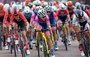 Women elite cyclists compete in the RideLondon Classique race