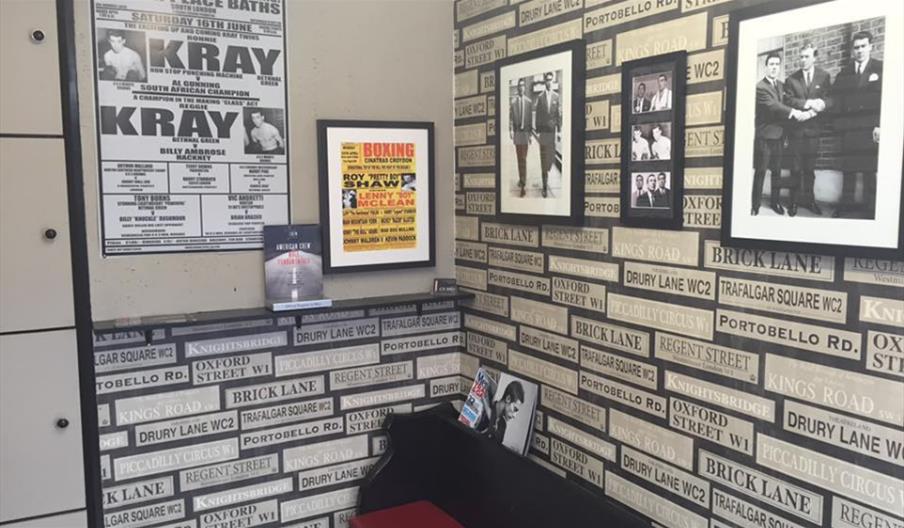 Interior of The Barber Shop with Kray brothers memorabilia
