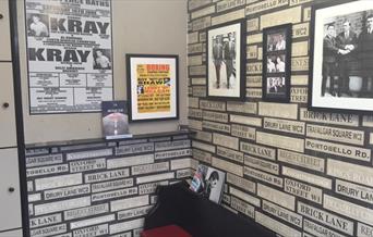 Interior of The Barber Shop with Kray brothers memorabilia