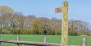Wooden footpath sign pointing across green field with trees in the distance and rustic wooden fence