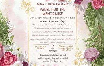 Promotional poster for Pause for the Menopause event, cream background with pink flowers