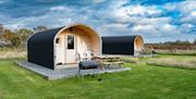 Outside our 2 glamping pods, field, holiday accommodation, Bramble Hall Farm