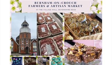 Collage of photos - packets of sausages, basket of tarts, a flower cushion, cakes, chocolate brownies