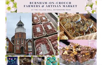 Collage of photos - packets of sausages, basket of tarts, a flower cushion, cakes, chocolate brownies