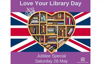 Heart shaped bookcase filled with books, topped with a crown on a union jack