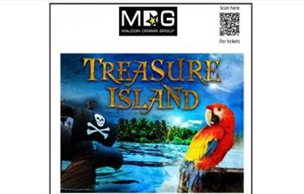 Treasure Island poster with parrot and pirate ship