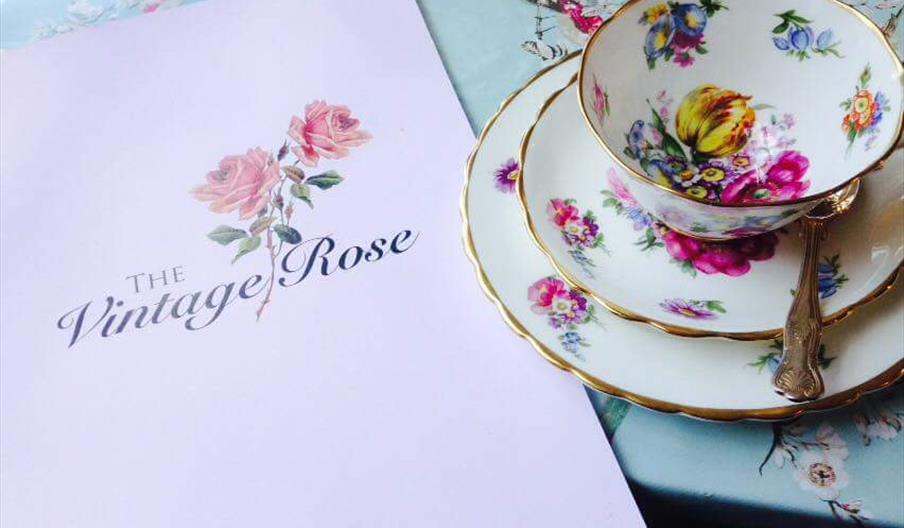 Vintage china place setting at The Vintage Rose tea room